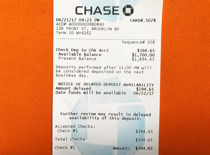 chase bank check deposit receipt