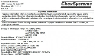This sample ChexSystems report shows that this person has an overdraft problem.